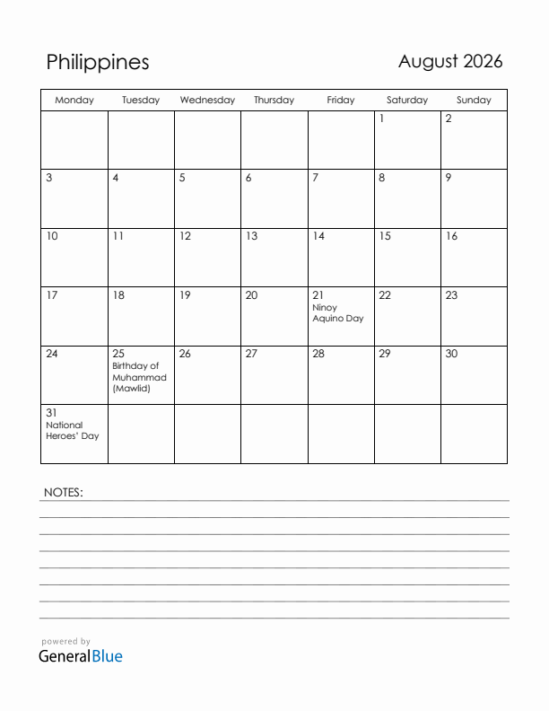 August 2026 Philippines Calendar with Holidays (Monday Start)