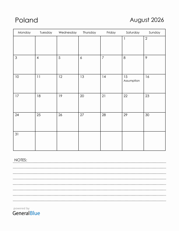 August 2026 Poland Calendar with Holidays (Monday Start)