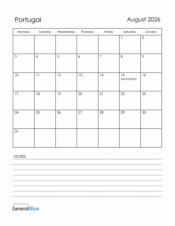 August 2026 Portugal Calendar with Holidays (Monday Start)