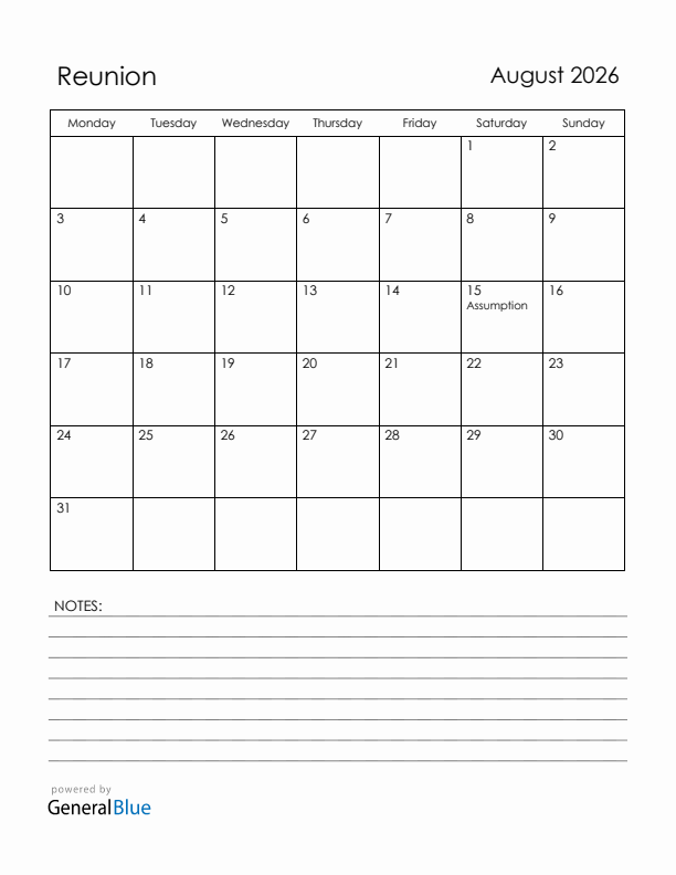 August 2026 Reunion Calendar with Holidays (Monday Start)