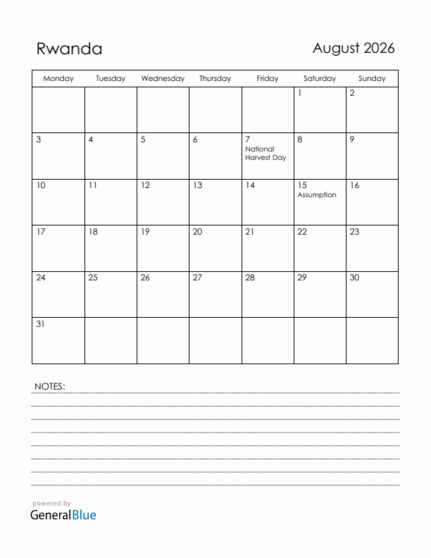 August 2026 Rwanda Calendar with Holidays (Monday Start)