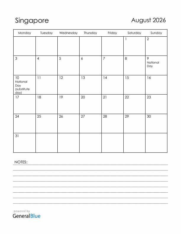 August 2026 Singapore Calendar with Holidays (Monday Start)