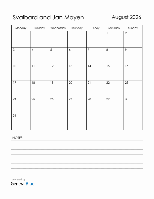 August 2026 Svalbard and Jan Mayen Calendar with Holidays (Monday Start)