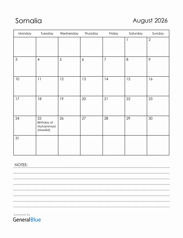 August 2026 Somalia Calendar with Holidays (Monday Start)