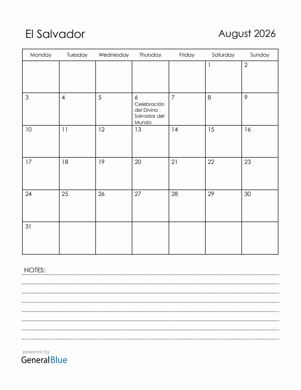 August 2026 El Salvador Calendar with Holidays (Monday Start)