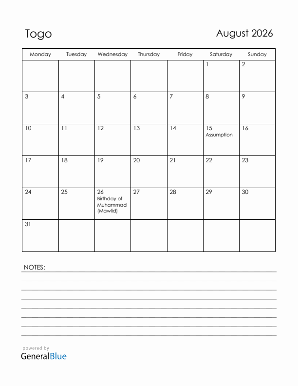 August 2026 Togo Calendar with Holidays (Monday Start)