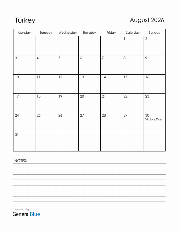 August 2026 Turkey Calendar with Holidays (Monday Start)