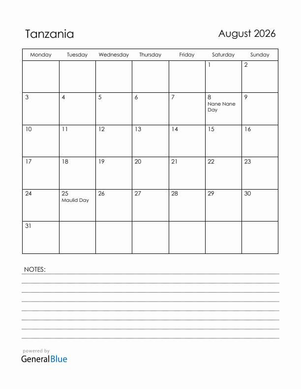 August 2026 Tanzania Calendar with Holidays (Monday Start)