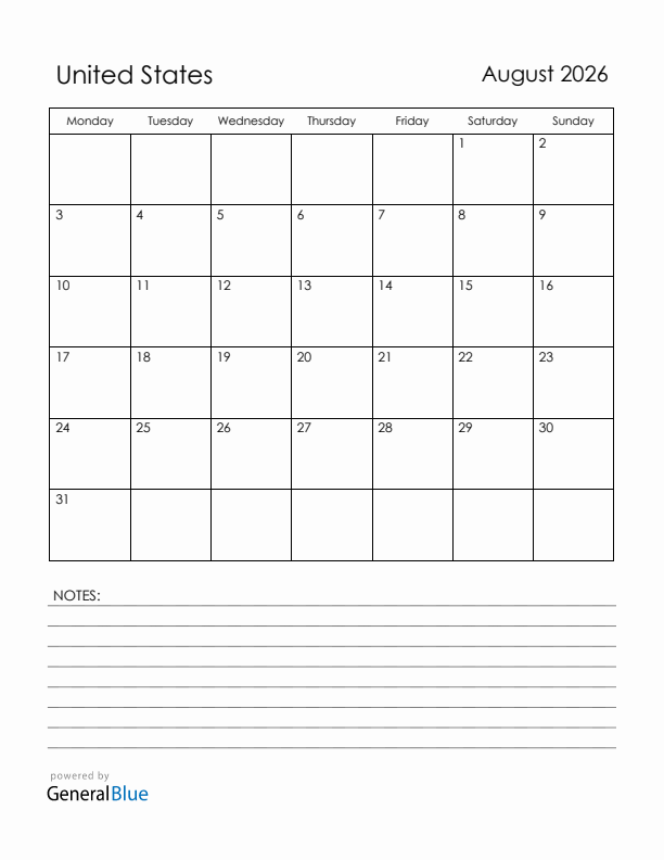 August 2026 United States Calendar with Holidays (Monday Start)