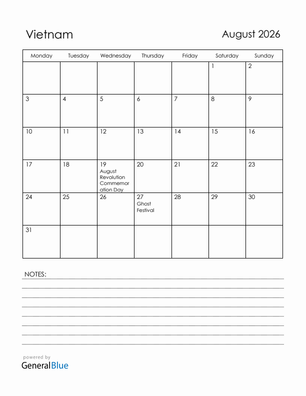 August 2026 Vietnam Calendar with Holidays (Monday Start)