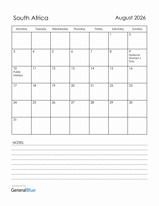 August 2026 South Africa Calendar with Holidays (Monday Start)