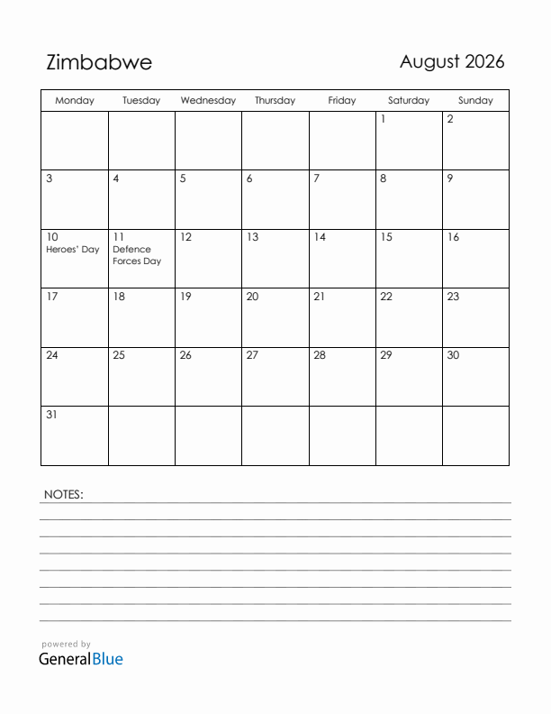 August 2026 Zimbabwe Calendar with Holidays (Monday Start)