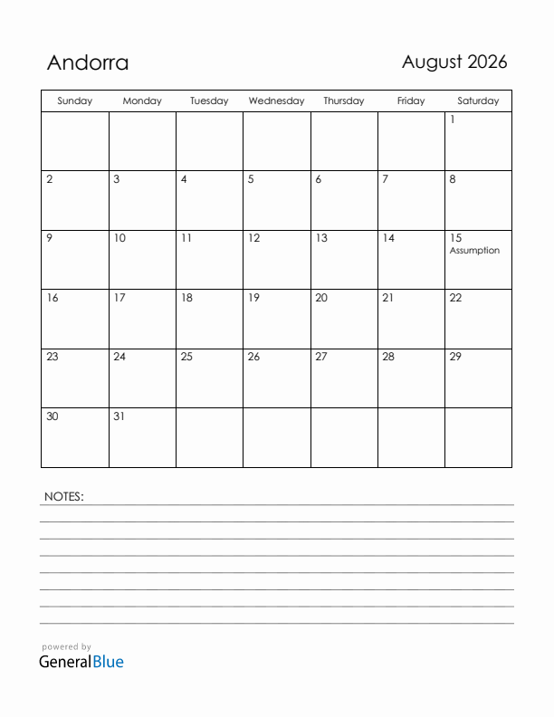 August 2026 Andorra Calendar with Holidays (Sunday Start)