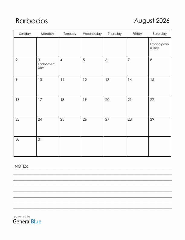 August 2026 Barbados Calendar with Holidays (Sunday Start)