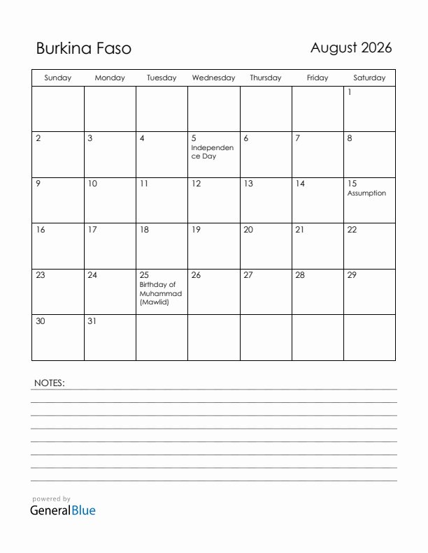 August 2026 Burkina Faso Calendar with Holidays (Sunday Start)