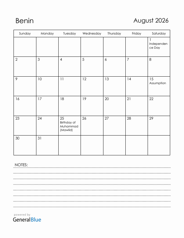 August 2026 Benin Calendar with Holidays (Sunday Start)