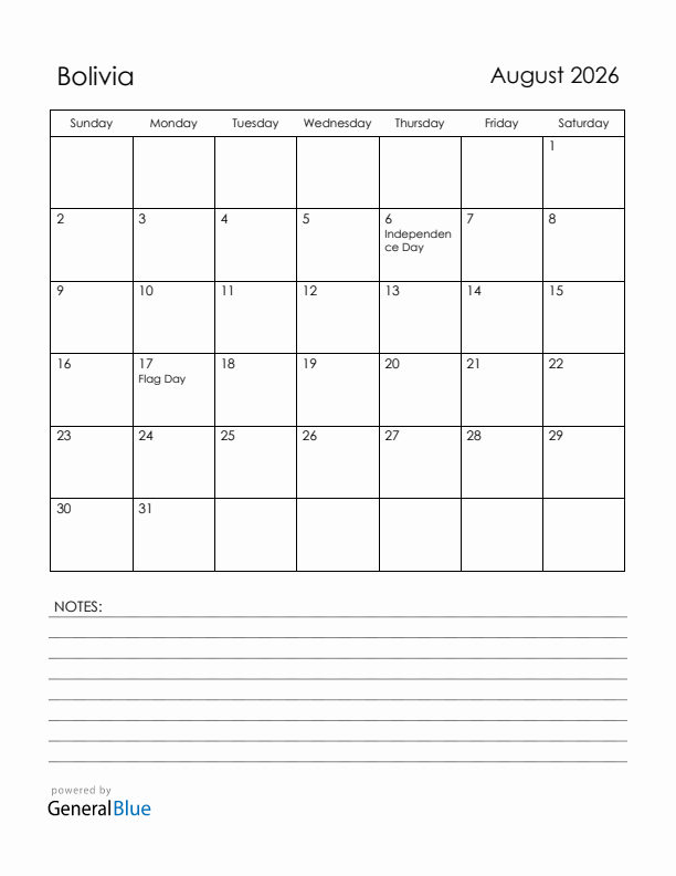August 2026 Bolivia Calendar with Holidays (Sunday Start)