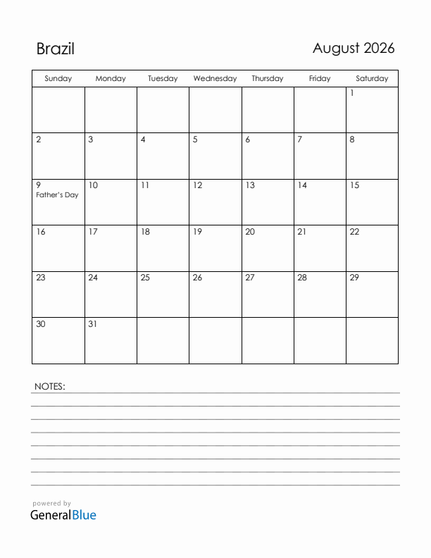 August 2026 Brazil Calendar with Holidays (Sunday Start)