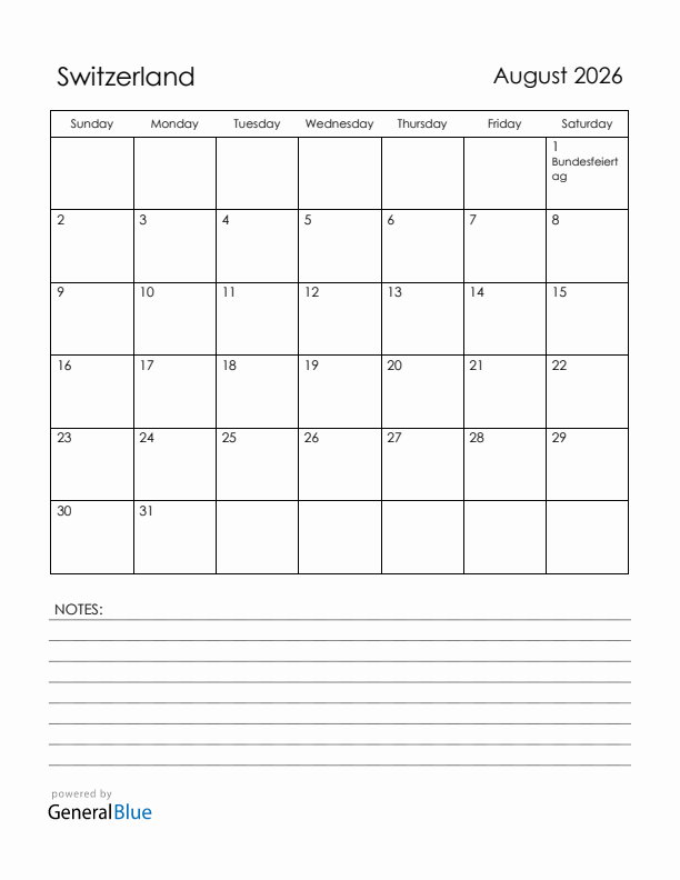 August 2026 Switzerland Calendar with Holidays (Sunday Start)