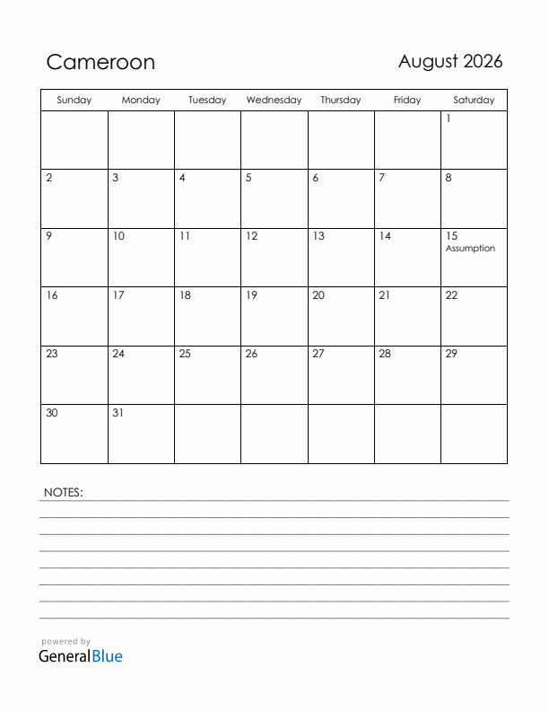 August 2026 Cameroon Calendar with Holidays (Sunday Start)