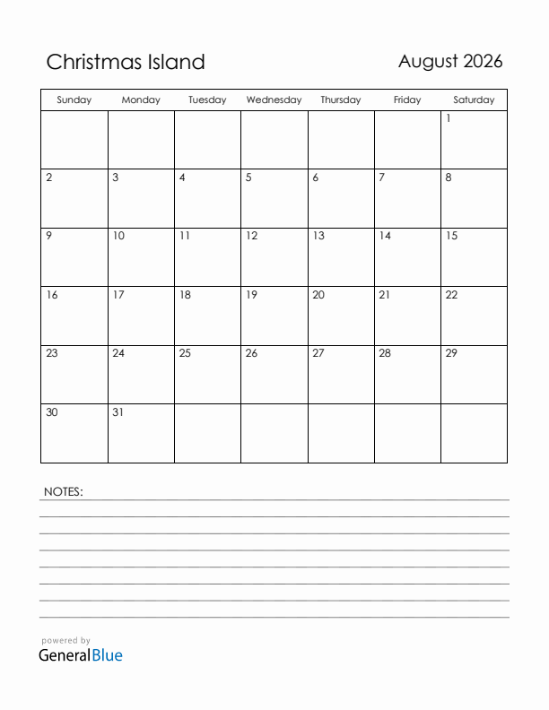 August 2026 Christmas Island Calendar with Holidays (Sunday Start)