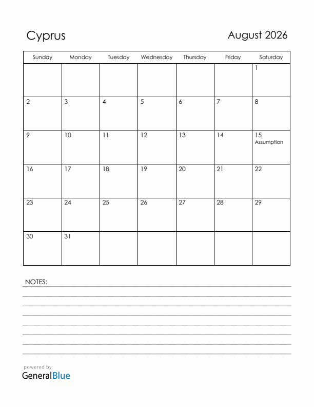 August 2026 Cyprus Calendar with Holidays (Sunday Start)