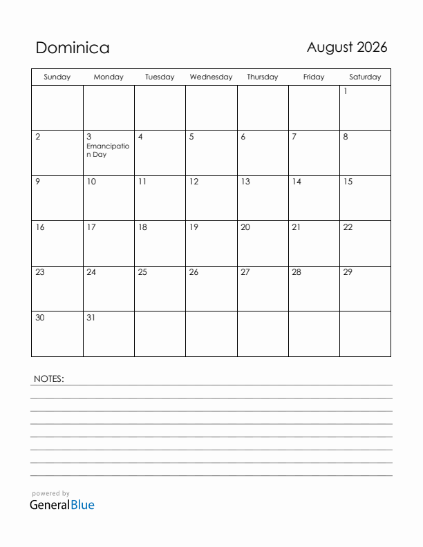 August 2026 Dominica Calendar with Holidays (Sunday Start)