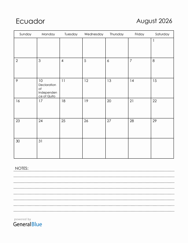 August 2026 Ecuador Calendar with Holidays (Sunday Start)