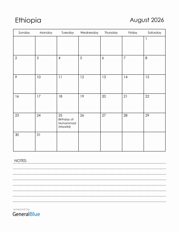 August 2026 Ethiopia Calendar with Holidays (Sunday Start)