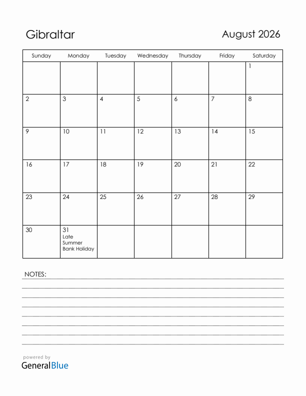 August 2026 Gibraltar Calendar with Holidays (Sunday Start)