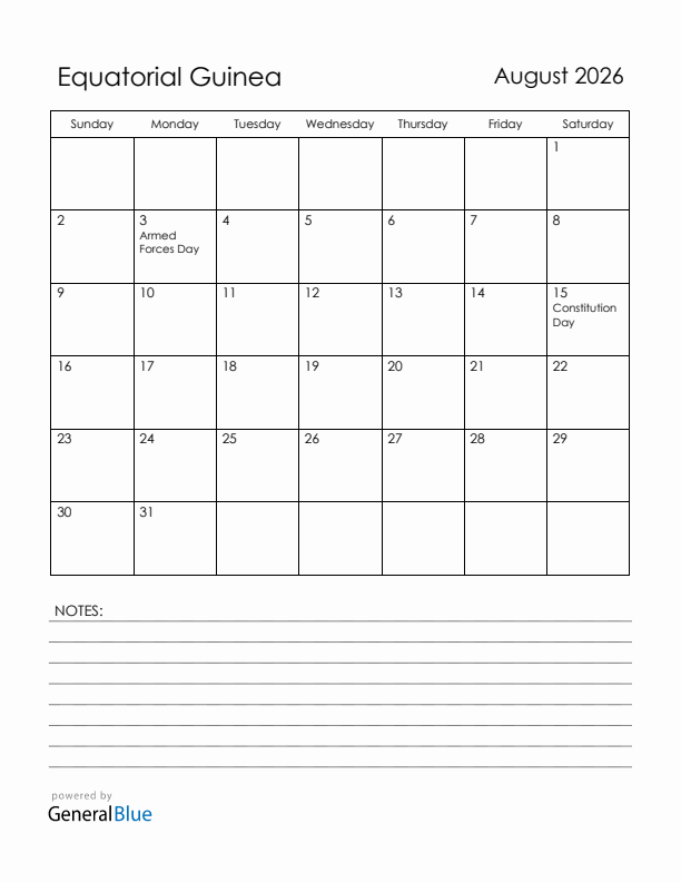 August 2026 Equatorial Guinea Calendar with Holidays (Sunday Start)