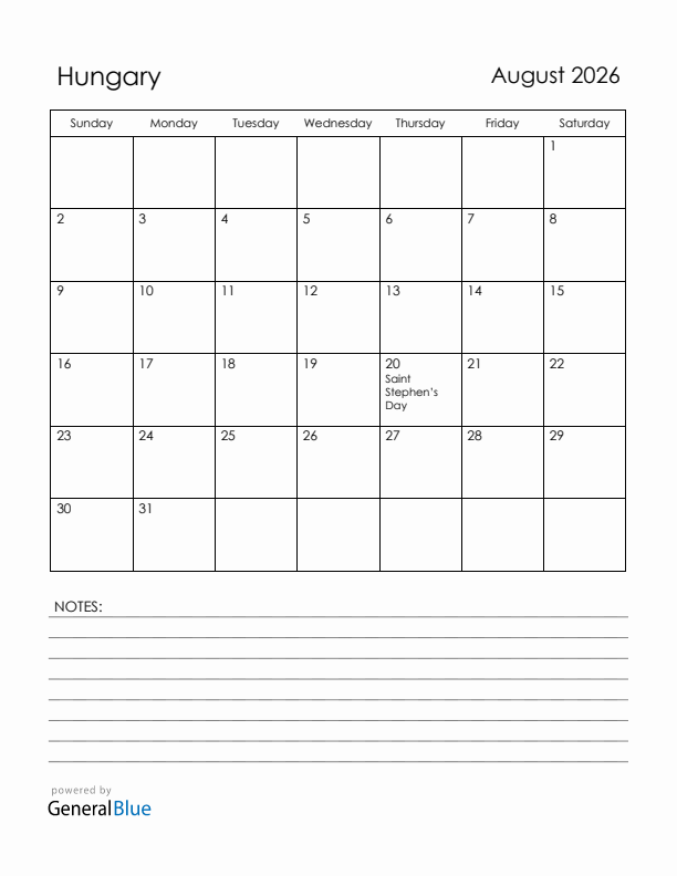 August 2026 Hungary Calendar with Holidays (Sunday Start)