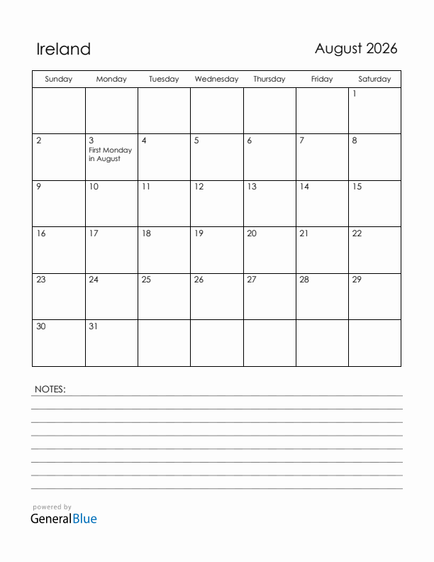 August 2026 Ireland Calendar with Holidays (Sunday Start)