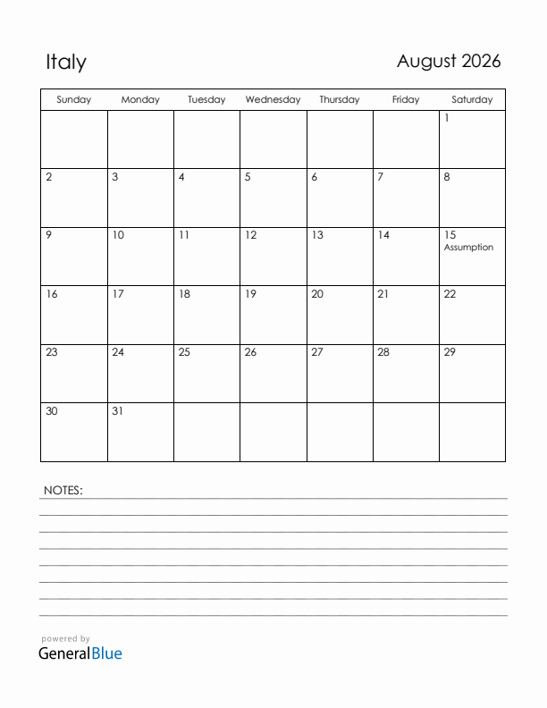 August 2026 Italy Calendar with Holidays (Sunday Start)