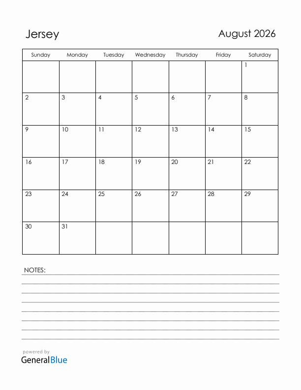 August 2026 Jersey Calendar with Holidays (Sunday Start)