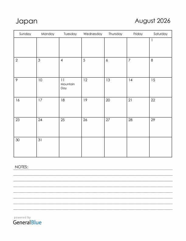 August 2026 Japan Calendar with Holidays (Sunday Start)