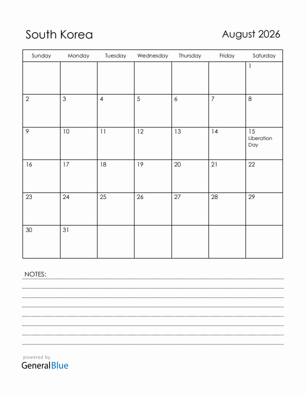 August 2026 South Korea Calendar with Holidays (Sunday Start)