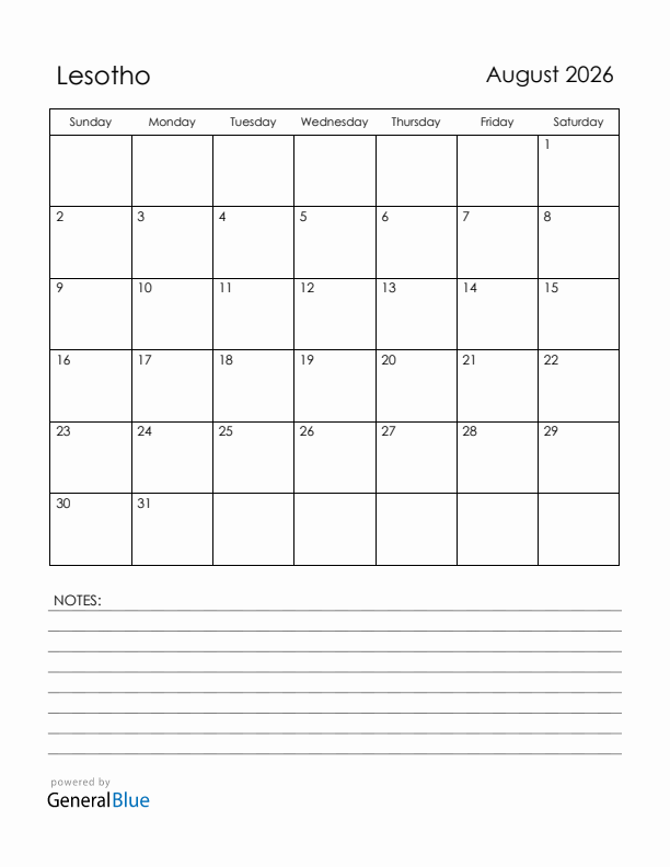 August 2026 Lesotho Calendar with Holidays (Sunday Start)