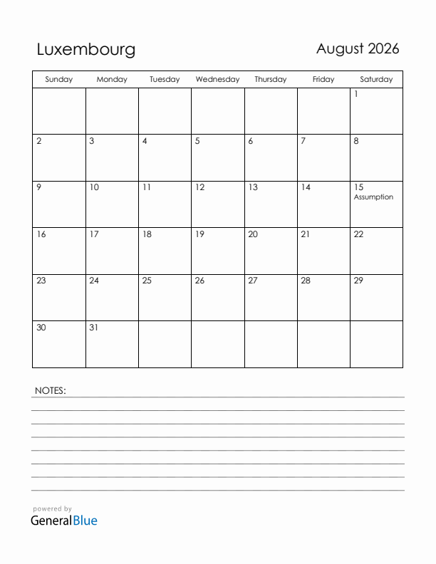 August 2026 Luxembourg Calendar with Holidays (Sunday Start)