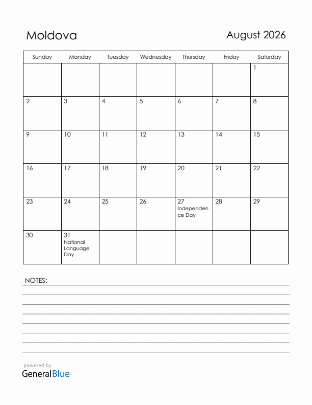 August 2026 Moldova Calendar with Holidays (Sunday Start)