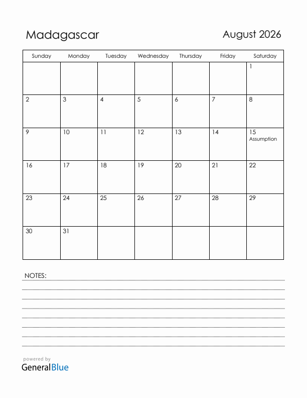 August 2026 Madagascar Calendar with Holidays (Sunday Start)