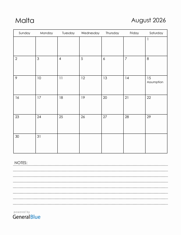 August 2026 Malta Calendar with Holidays (Sunday Start)