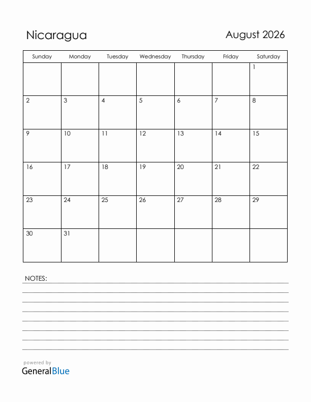 August 2026 Nicaragua Calendar with Holidays (Sunday Start)