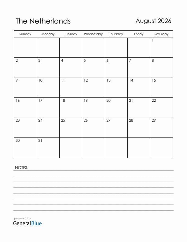 August 2026 The Netherlands Calendar with Holidays (Sunday Start)