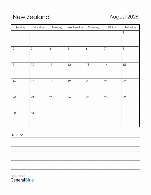 August 2026 New Zealand Calendar with Holidays (Sunday Start)