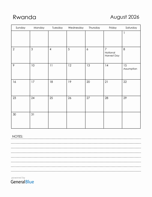 August 2026 Rwanda Calendar with Holidays (Sunday Start)