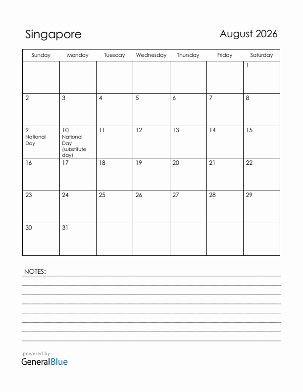 August 2026 Singapore Calendar with Holidays (Sunday Start)