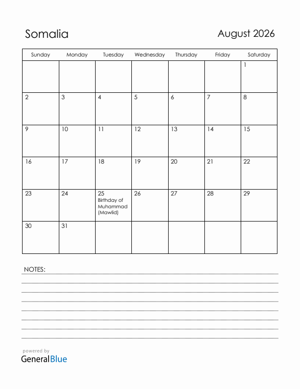 August 2026 Somalia Calendar with Holidays (Sunday Start)