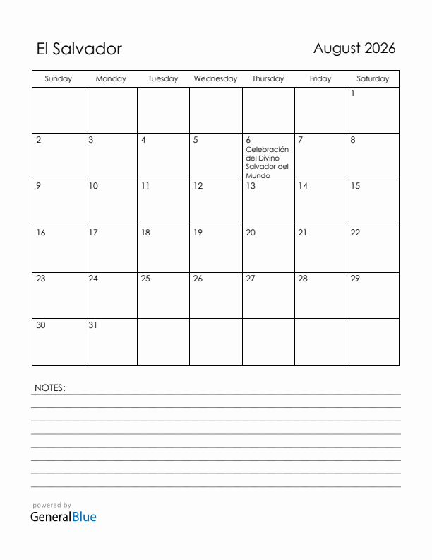 August 2026 El Salvador Calendar with Holidays (Sunday Start)