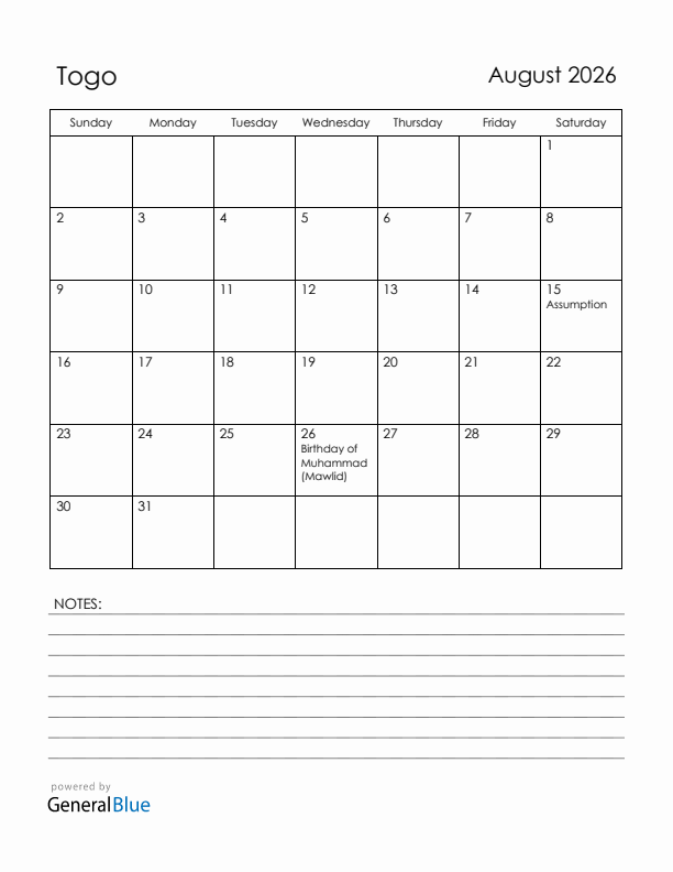 August 2026 Togo Calendar with Holidays (Sunday Start)